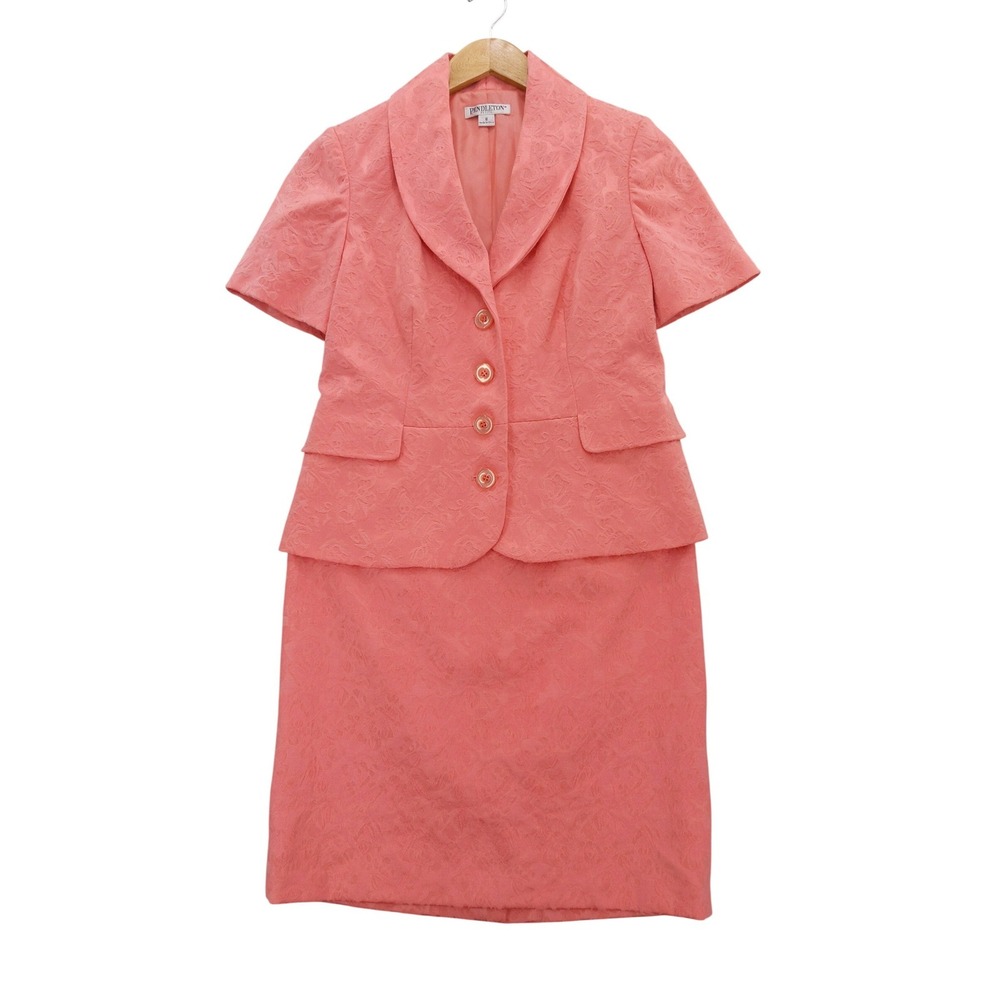 Pendleton Skirt Suit Sz 6 Coral Pink‎ Floral Jacquard Peplum Blazer Set
